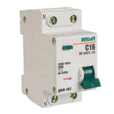 Автоматический выключатель дифференциального тока DEKraft ДИФ-102 (1P+N) C 16А 30мА тип AC 4.5кА