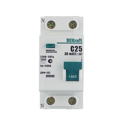 Автоматический выключатель дифференциального тока DEKraft ДИФ-102 (1P+N) C 25А 30мА тип AC 4.5кА